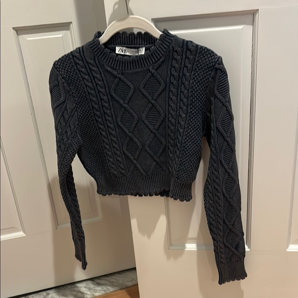 Zara Charcoal Grey Blue Cable Knit Cropped Sweater NWT